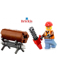LEGO® Holzfäller Minifigur mit Kettensäge, Baumstamm, Sägebock