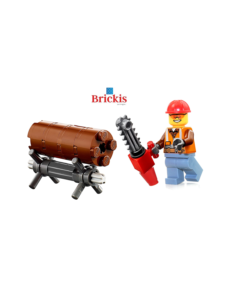 LEGO® minifigura de leñador con motosierra, tronco, caballete
