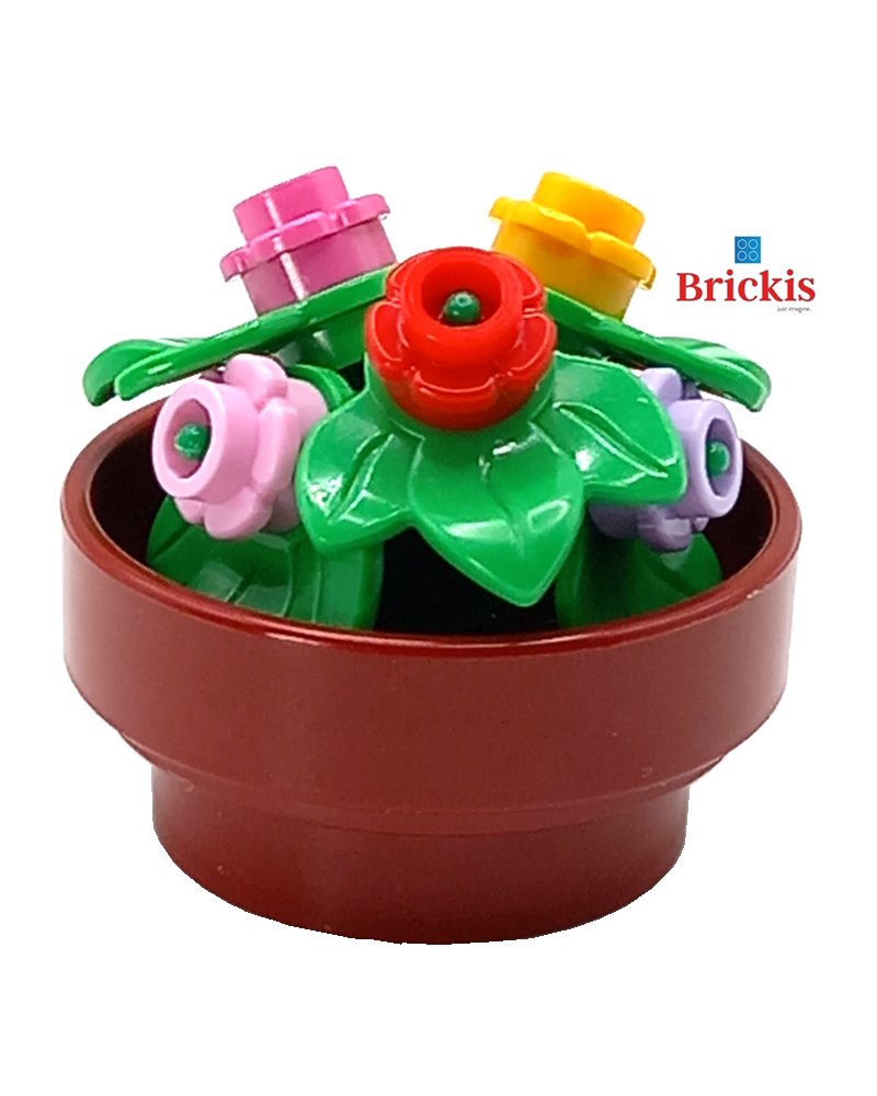 MOC LEGO® fleurs rouges, jaunes et roses dans un pot de fleurs