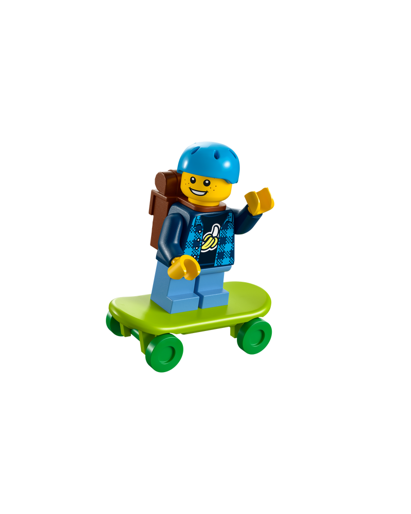 LEGO® minifigure boy skater + skateboard + school bag