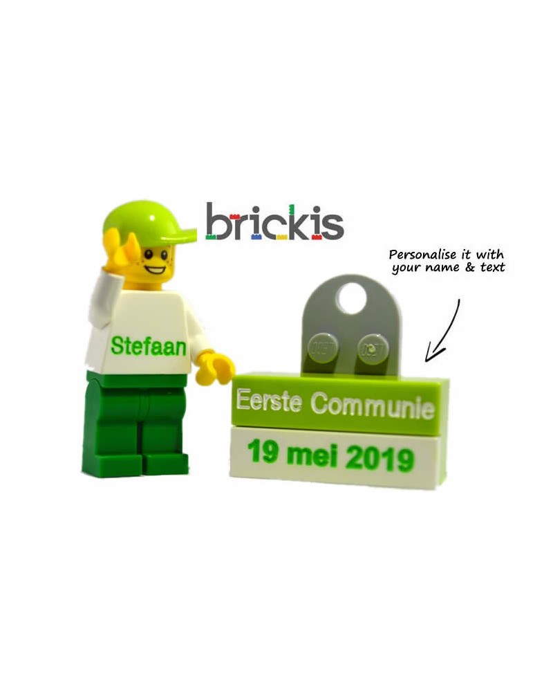 Gepersonaliseeerde LEGO® minifiguur, met naam voor de Eerste Communie, verkrijgbaar in verschillende kleuren en vanaf 1 stuk Gepersonaliseeerde LEGO® minifiguur, met naam voor de Eerste Communie, verkrijgbaar in verschillende kleuren en vanaf 1 stuk