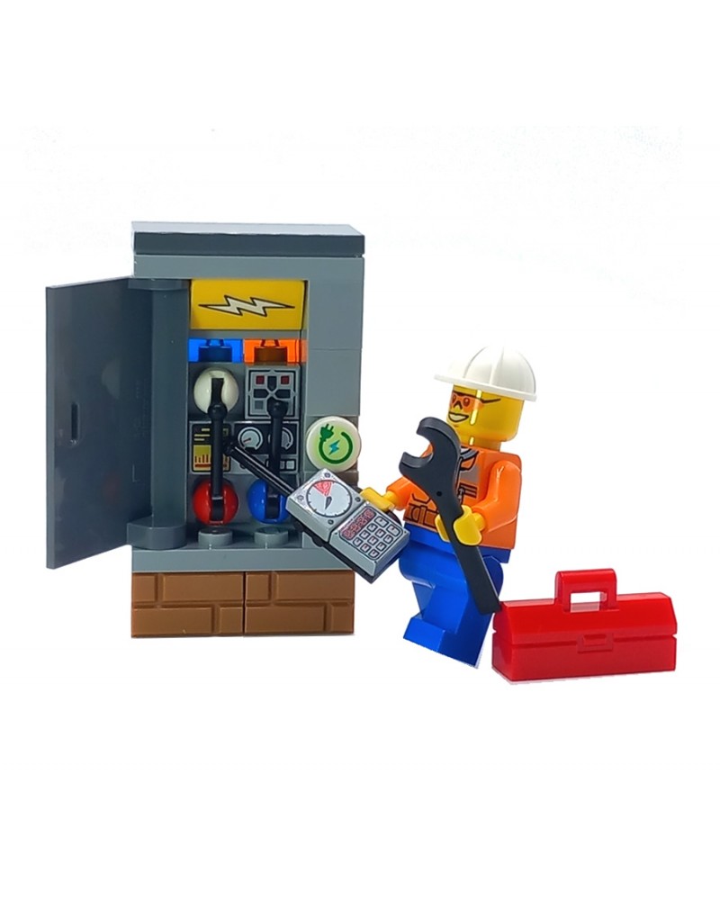 LEGO® MOC Minifigura de electricista con caja de herramientas en el trabajo